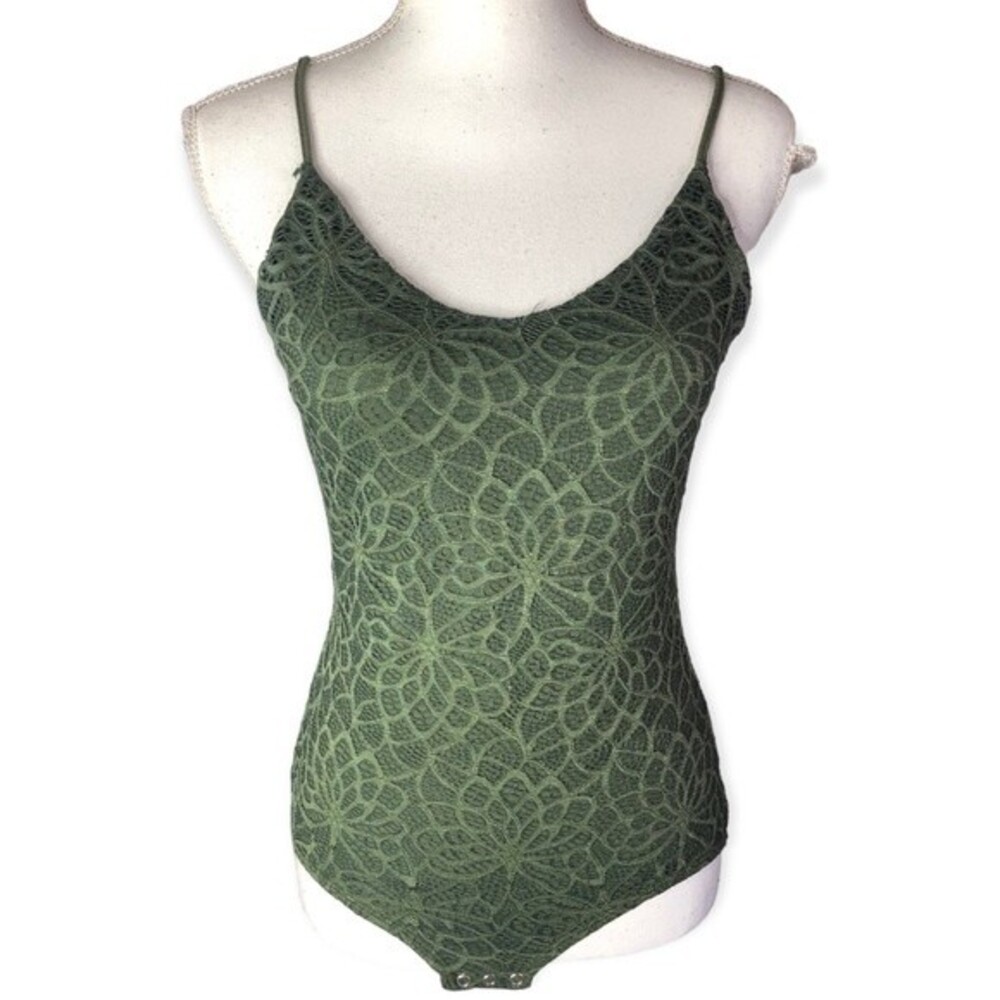Foschini All Women Olive Green Floral Lace Front Strappy Bodysuit